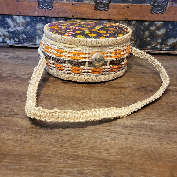 Vintage 1970s Wicker Purse with Floral Velvet Accents - Picture 2 of 14